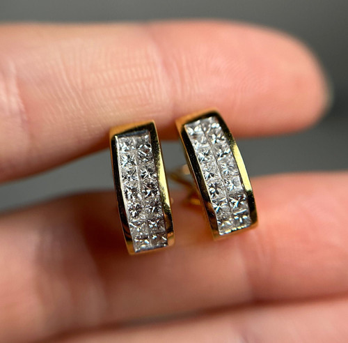 Estate 18KT Gold Diamond Earrings, Lever Back Earrings, Invisible Set Sparkly Huggie Earrings, Simple Yellow Gold Stud Earrings