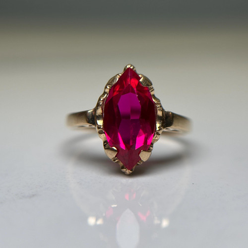 Vintage 10K Gold Synthetic Ruby Ring | Marquise Pink Stone Ring | Estate Gold Statement Ring