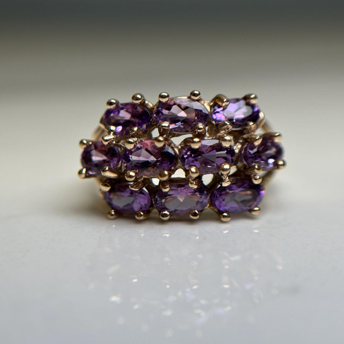 Vintage 10K Gold Natural Amethyst Cluster Ring | 2.00CTW Oval Amethysts | Statement Ring Size 7
