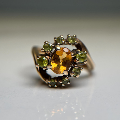 Vintage 10K Gold Citrine & Peridot Halo Ring | Natural Gemstone Estate Ring Size 7.25