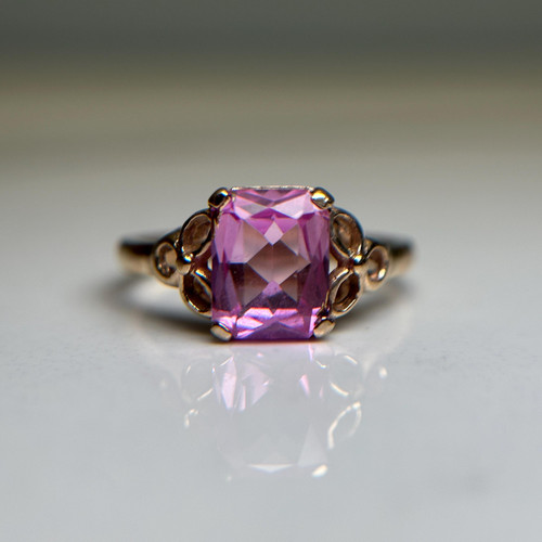 Vintage 10K Gold Pink Synthetic Sapphire Ring | Filigree Estate Ring Size 6