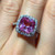 Solid 10KT White Gold Pink Stone Ring, Synthetic Cushion Cut Stone with Sparkly Cubic Zirconia Halo and Shoulders, Barbie Jewellery Size 6
