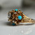 Estate Diamond and Turquoise Cluster Cocktail Ring, Solid 14KT Yellow and White Gold Flower Design Dinner Ring, Statement Jewellery Size 7