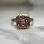 Ruby and Diamond 14KT Gold Statement Ring, Square Shaped Honeycomb Stone Cluster Signet Ring, Yellow Gold Tall Set Band Size 5.75 US
