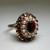 Vintage 10K Gold Garnet & Akoya Pearl Cluster Ring | Estate Garnet Halo Ring | Size 7