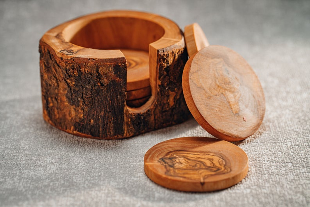 Olive Wood Coaster Set with Pin Holder