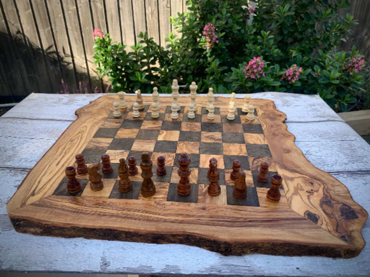 Olive wood chess game, handmade rustic style including figures