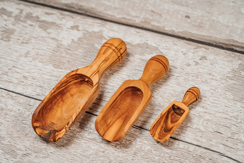 3 Pcs set - Natural OLIVE WOOD SCOOP/ Shovel - For Spoon Sugar Salt Seasoning Spices - Hand Carved by artisans in Europe! Small & cute Gift