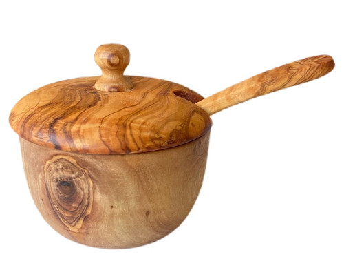 Olive wood Salt cellar with spoon - Salt Pig - Kitchen Table Décor - Unique salt, Spice bowl, jar - Handcrafted in Europe - A perfect gift