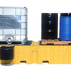 Twin IBC Spill Pallet, No Drain, with drums and IBCs, emphasizing its large capacity and reliable spill containment design.