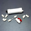 Components of a self bailer system, including fittings and connectors, displayed on a clean surface.