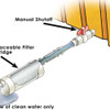 Diagram showing the self bailer system installation and functionality for liquid drainage and debris management.