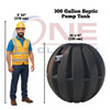 Product comparison of a human standing next to a 300 gallon septic tank from One Clarion