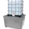 Steel IBC spill pallet holding an intermediate bulk container (IBC) for safe liquid storage and spill prevention.