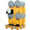 Yellow drum rack system securely holding a single drum, designed for compact and efficient drum storage in industrial and commercial spaces.