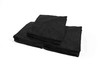 Stack of folded black fabric flood barrier covers neatly arranged on a white background.
