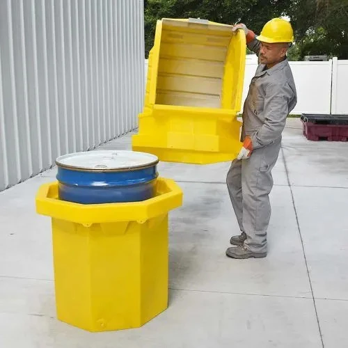 Worker opening the Hard Top P1 Plus Spill Pallet, demonstrating its secure and durable design for hazardous material storage.