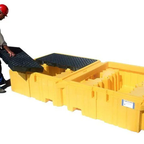 Worker assembling the Twin IBC Spill Pallet, No Drain, showcasing its easy setup and durable construction for industrial use.