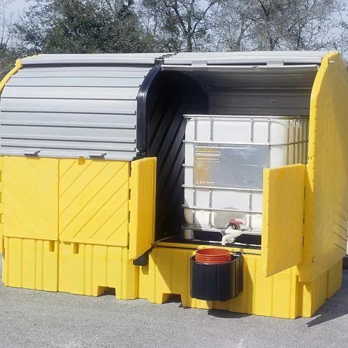 Twin IBC Hard Top, With Drain, with dual IBC containers securely stored inside for safe and compliant spill containment in industrial settings.