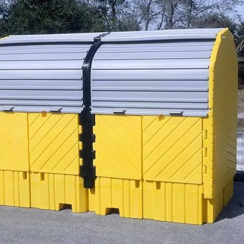 Side view of the Twin IBC Hard Top, With Drain, highlighting its durable construction and enclosed design for efficient spill management and IBC storage.
