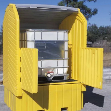 Single IBC Hard Top, opened with protecting a single IBC, ready to defend any weathering from outside housing.