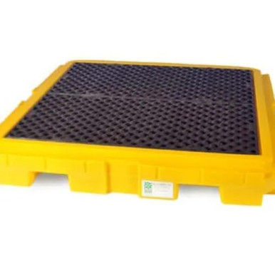 Yellow 4 drum spill plus pallet on white background with a black grate, made for catching liquid spills or leaks.