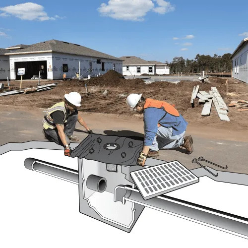 Image and illustration of two workers installing a black drain guard near a residential area for pollution prevention.