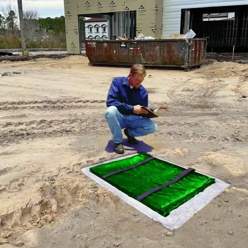 A worker inspecting and taking notes next to a flat storm drain covered with a secured Ultra-Grate Guard green filter at a construction site.