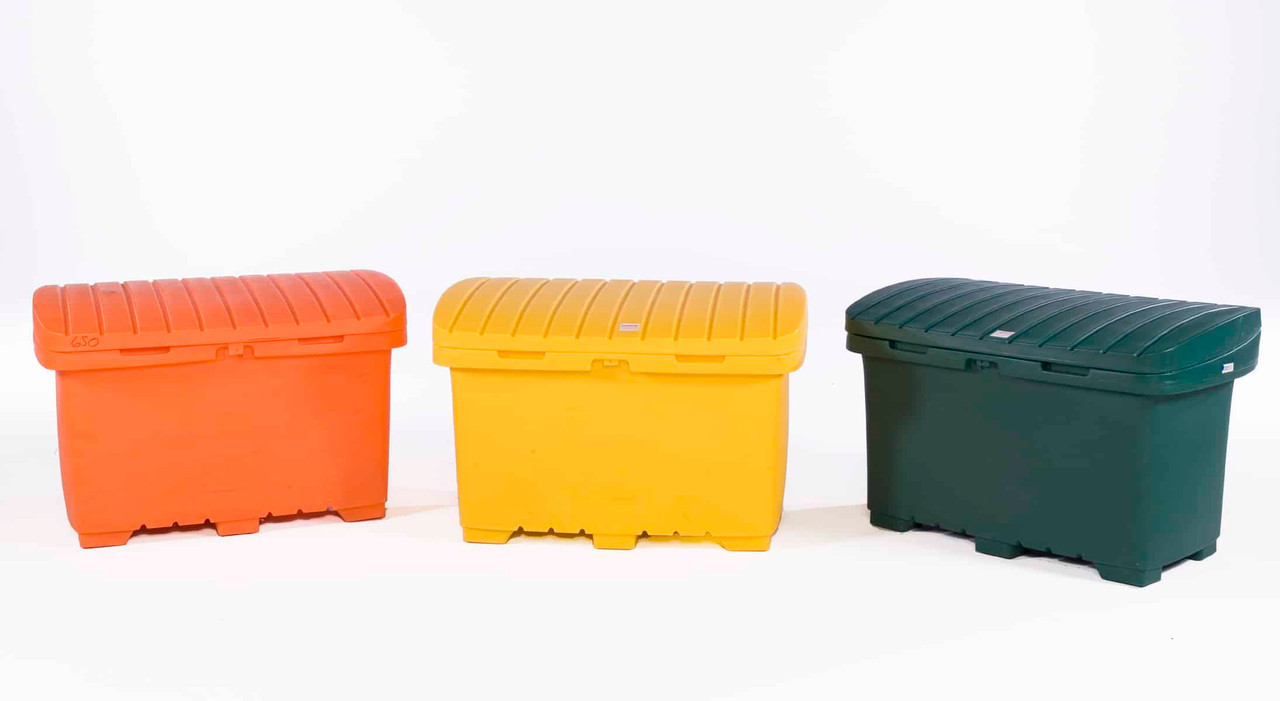 Three colorful utility boxes in orange, yellow, and green with closed lids, displayed side by side on a white background.