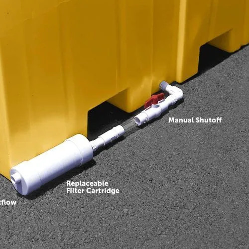 Self bailer system integrated into a yellow container for effective liquid management and debris retention.