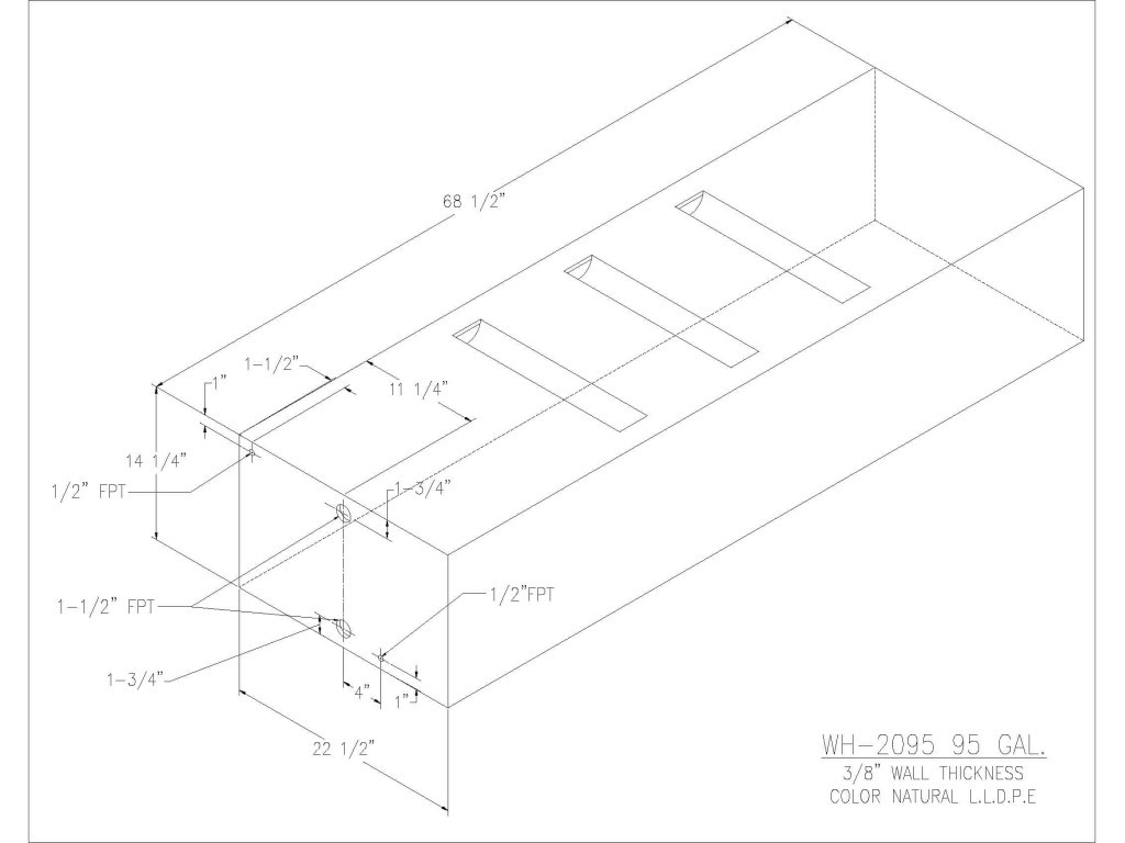 Trionic WH-2095 95 gallon tank drawing with dimensions and fitting locations