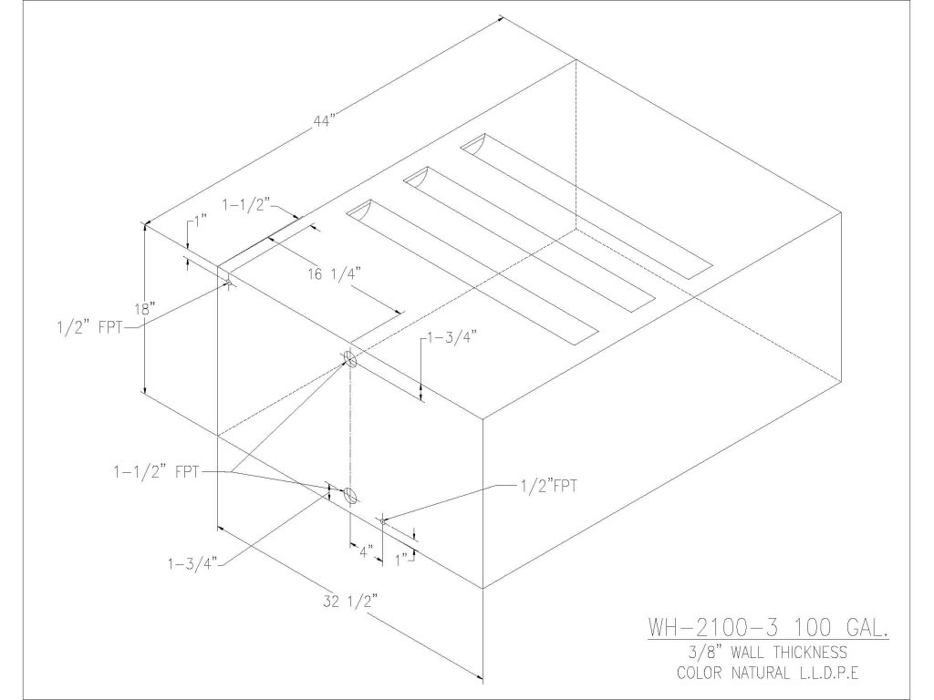 Trionic WH-2100-3 100 gallon tank drawing with dimensions and fitting locations