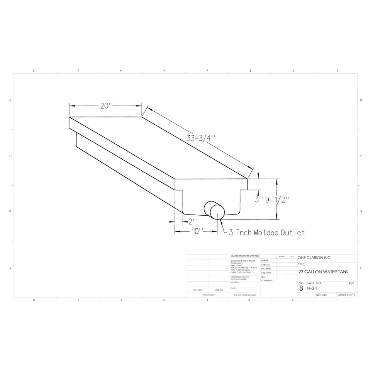 23 Gallon RV Holding Tank H-34. Technical drawing of a polyethylene holding tank designed for your rv and camper.