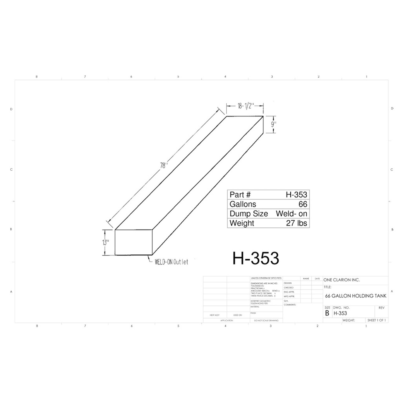 66 Gallon RV Holding Tank H-353 [OR] . Technical drawing of a polyethylene holding tank designed for your rv and camper.