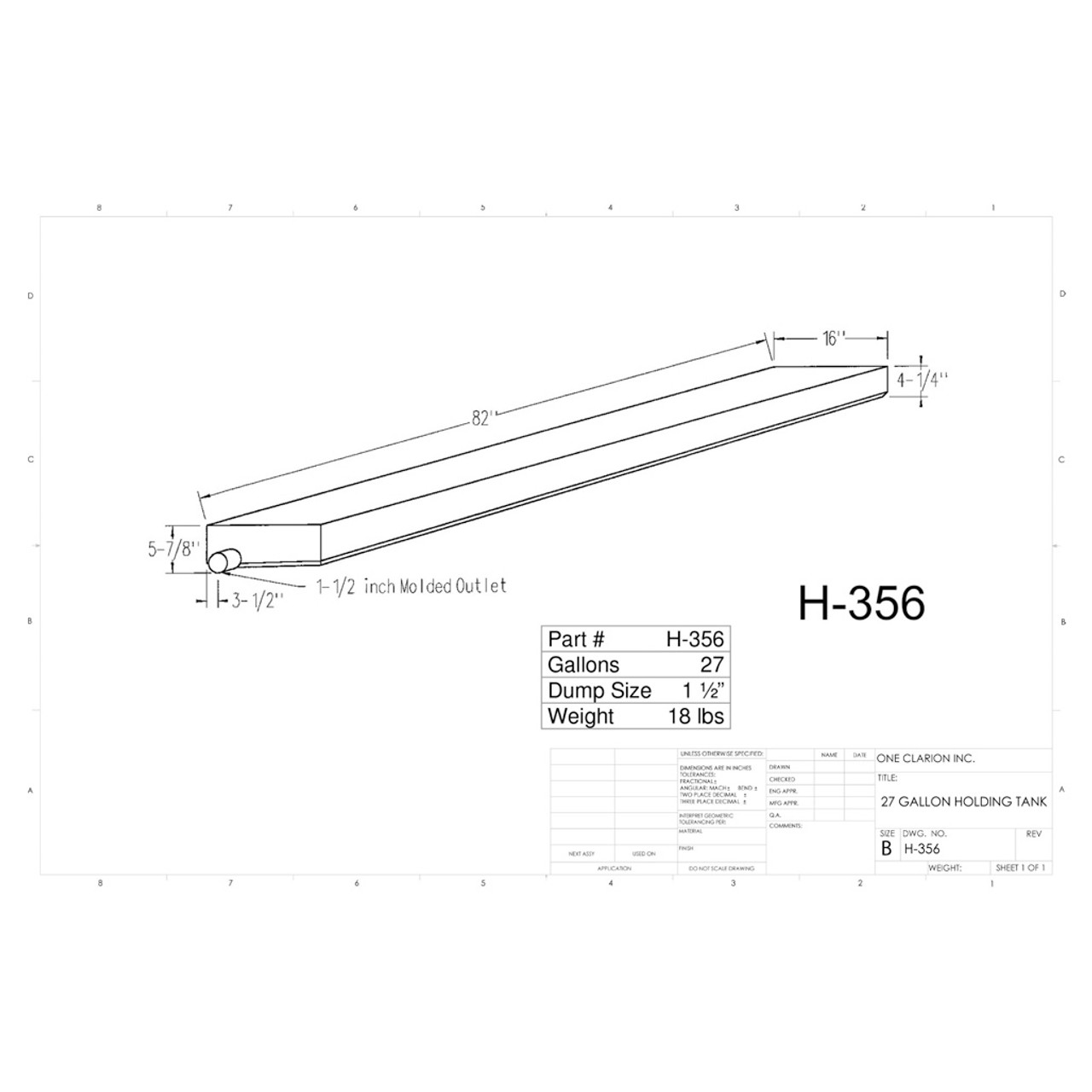 27 Gallon RV Holding Tank H-356 . Technical drawing of a polyethylene holding tank designed for your rv and camper.
