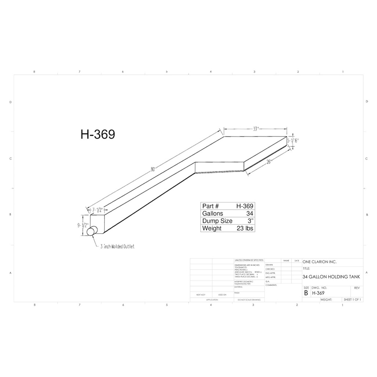34 Gallon RV Holding Tank H-369 . Technical drawing of a polyethylene holding tank designed for your rv and camper.
