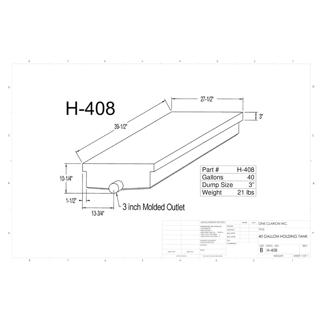 40 Gallon RV Holding Tank H-408 [OR] . Technical drawing of a polyethylene holding tank designed for your rv and camper.