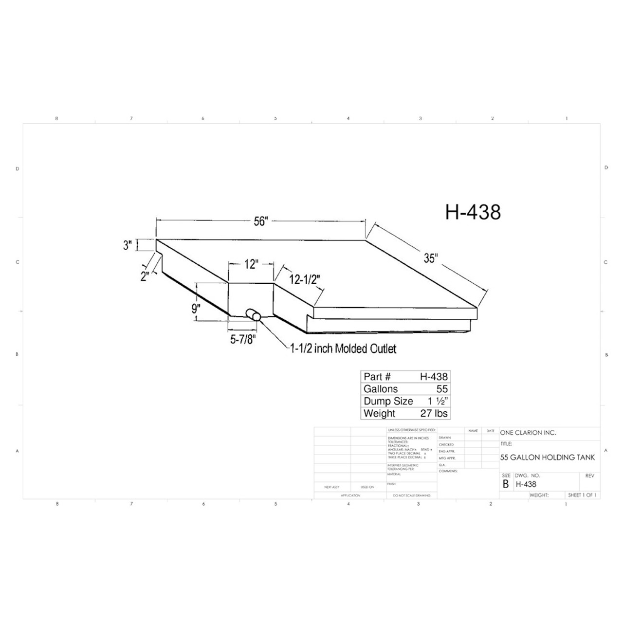55 Gallon RV Holding Tank H-438 . Technical drawing of a polyethylene holding tank designed for your rv and camper.