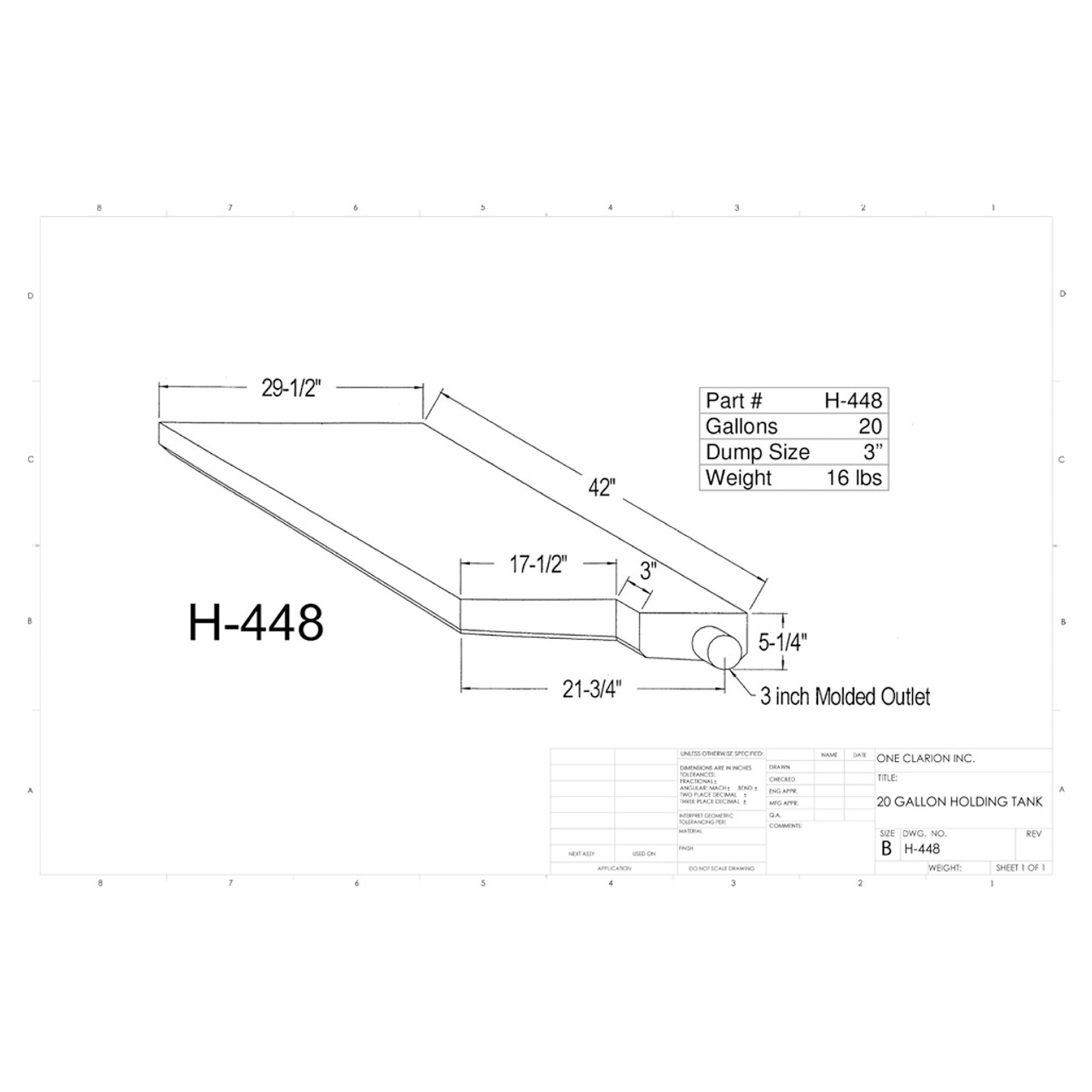 20 Gallon RV Holding Tank H-448 . Technical drawing of a polyethylene holding tank designed for your rv and camper.