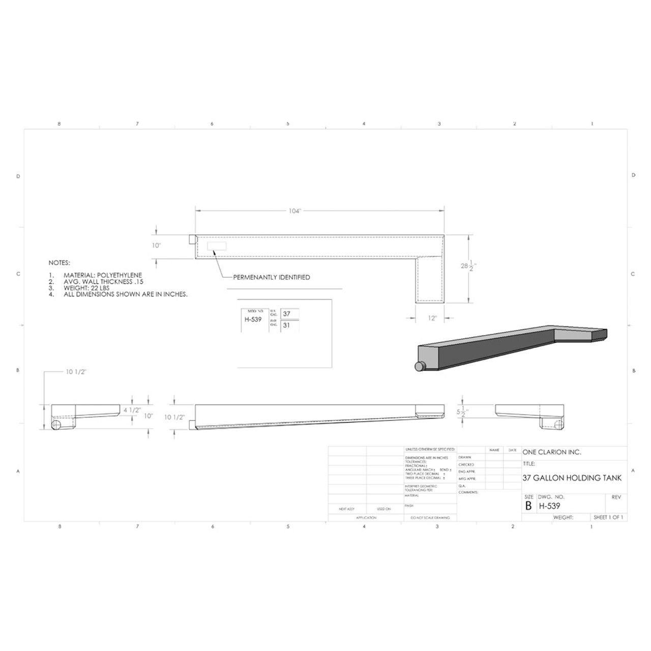37 Gallon RV Holding Tank H-539 . Technical drawing of a polyethylene holding tank designed for your rv and camper.