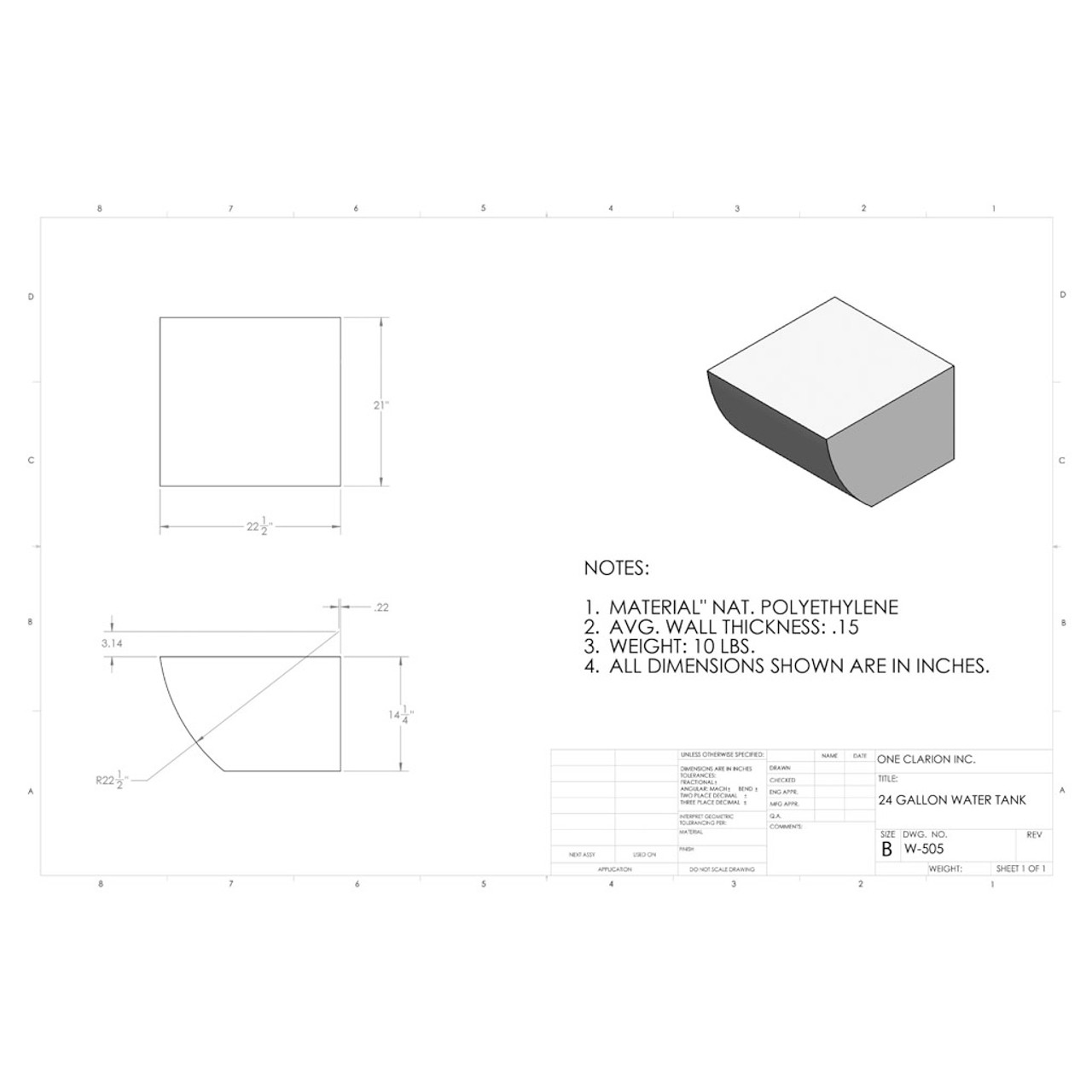 24 Gallon Marine Water Tank MW-505. Technical drawing of a polyethylene water tank designed for marine vessels.