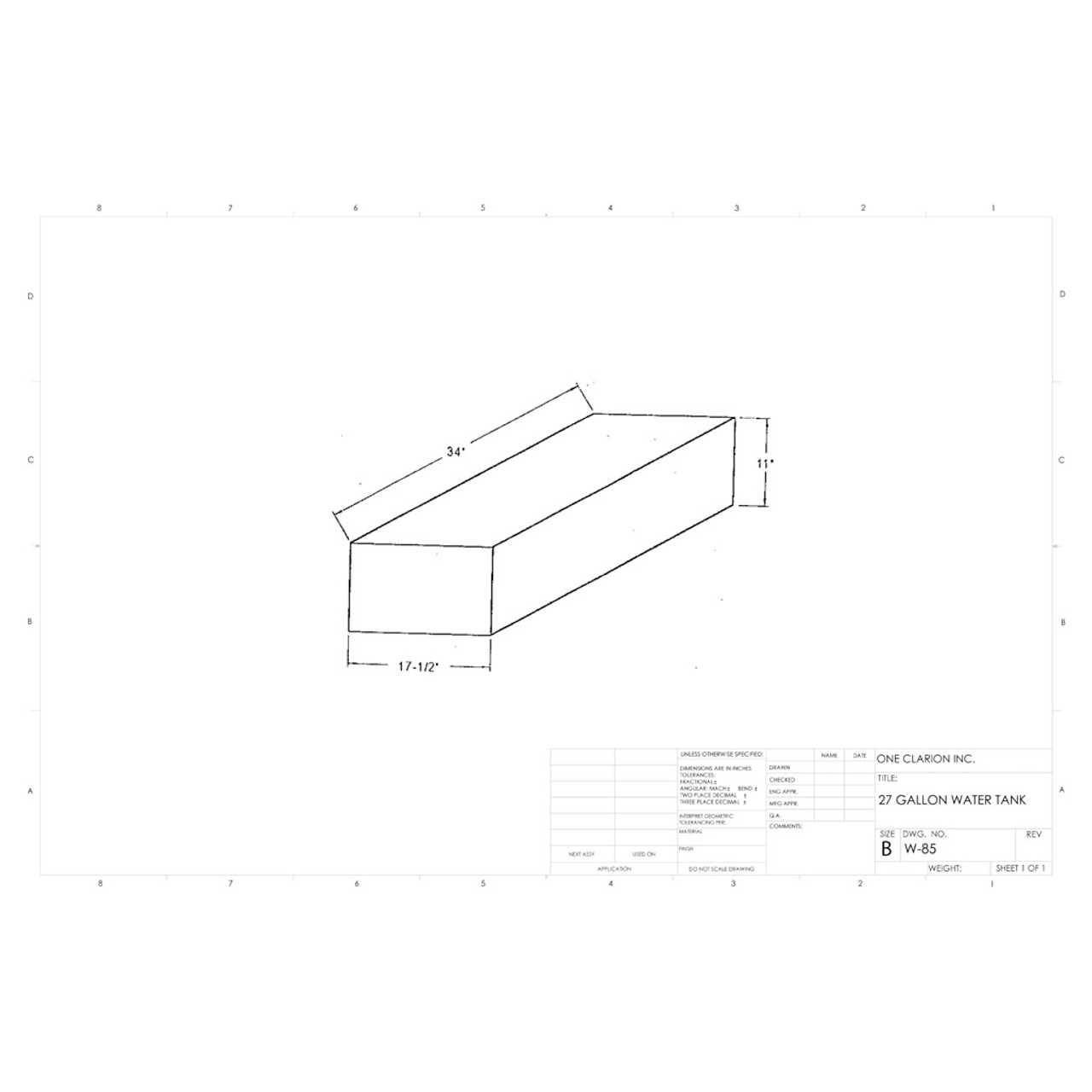 27 Gallon Marine Water Tank MW-85. Technical drawing of a polyethylene water tank designed for marine vessels.