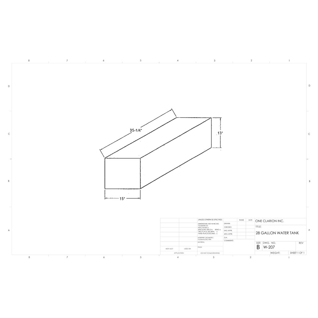 28 Gallon Marine Water Tank MW-207. Technical drawing of a polyethylene water tank designed for marine vessels.