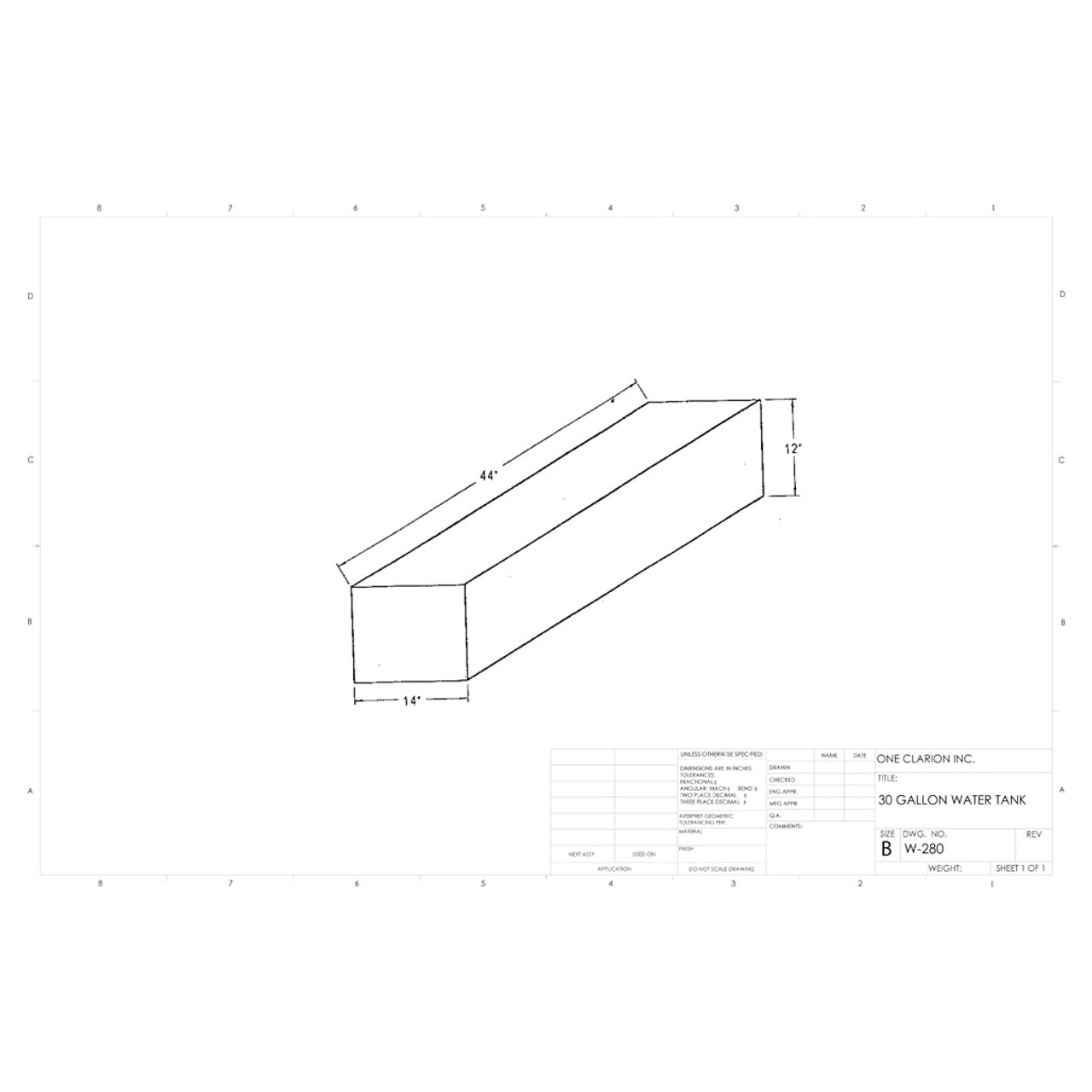 30 Gallon Marine Water Tank MW-280. Technical drawing of a polyethylene water tank designed for marine vessels.