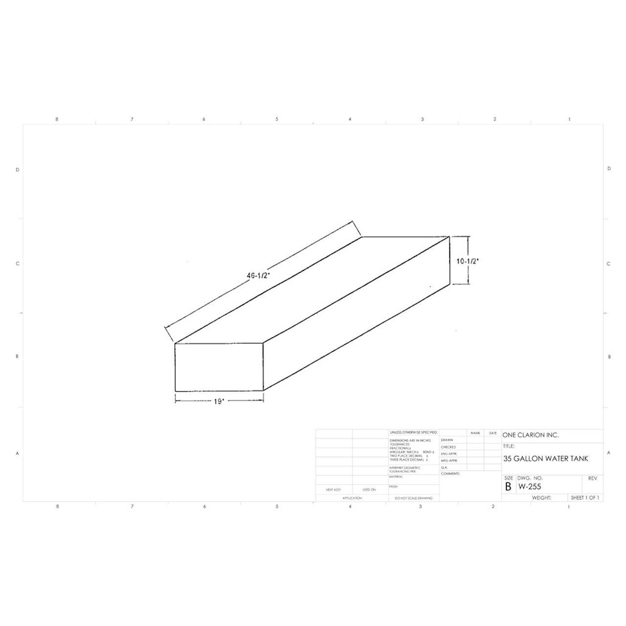 38 Gallon Marine Water Tank MW-255. Technical drawing of a polyethylene water tank designed for marine vessels.