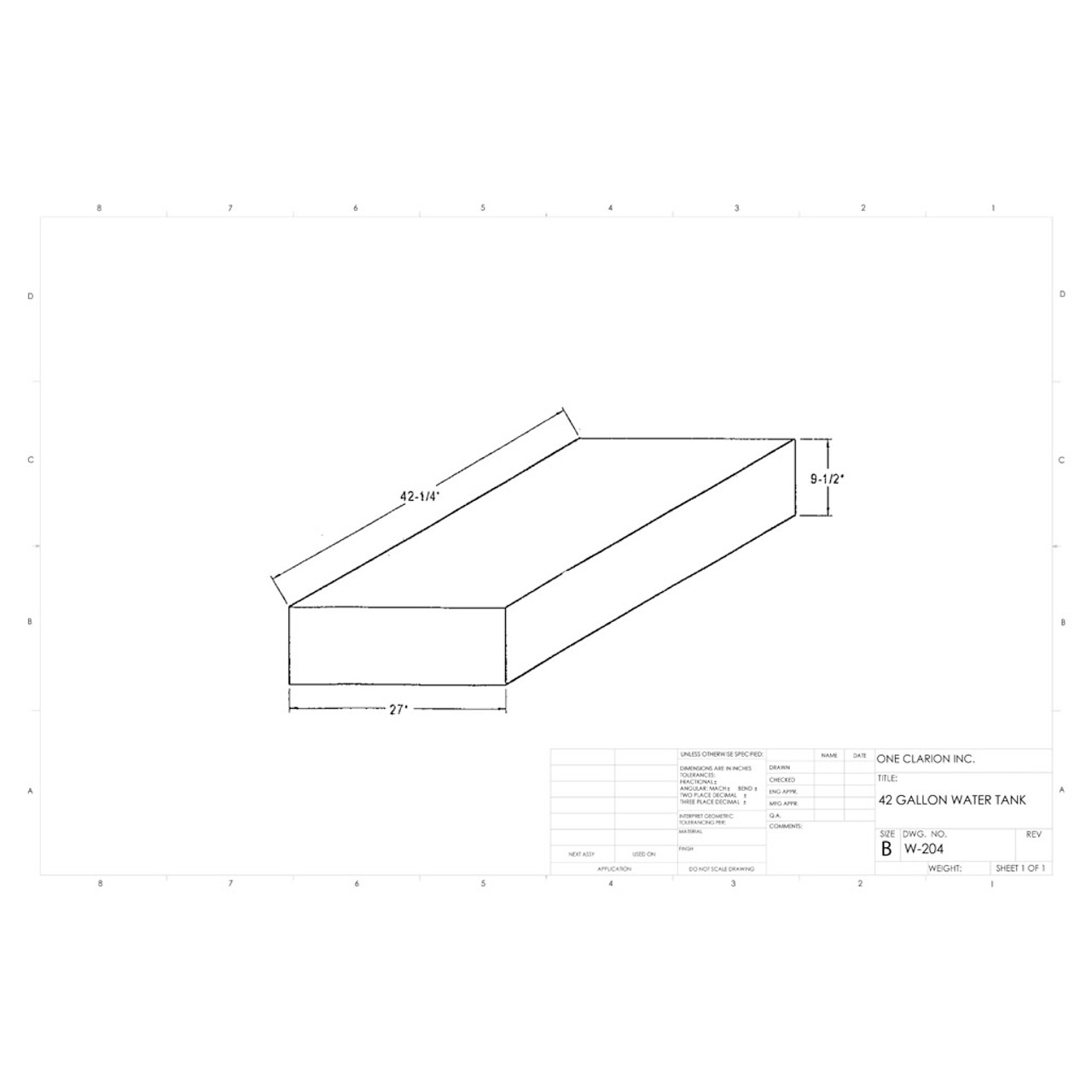 42 Gallon Marine Water Tank MW-204. Technical drawing of a polyethylene water tank designed for marine vessels.