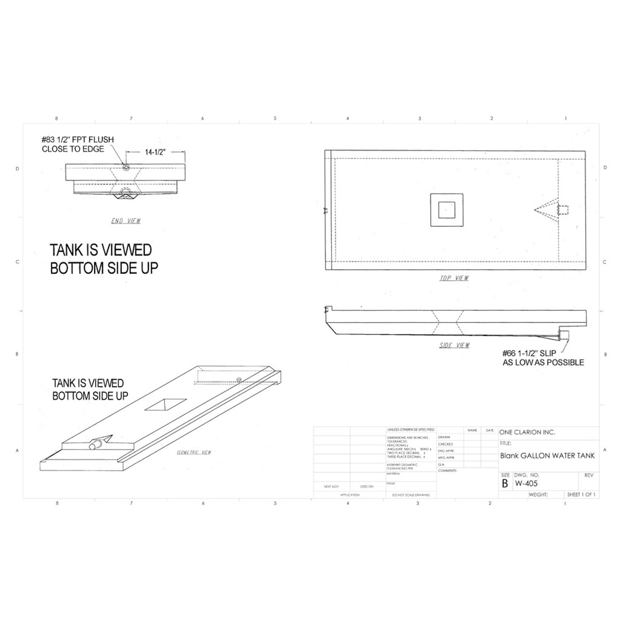 42 Gallon Marine Water Tank MW-405. Technical drawing of a polyethylene water tank designed for marine vessels.