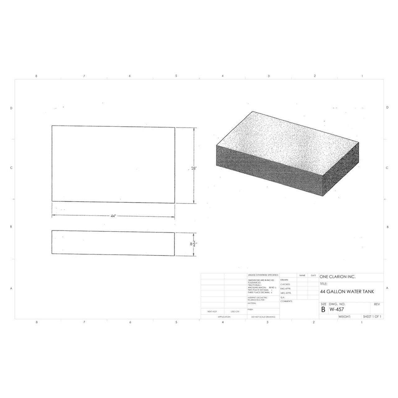 44 Gallon Marine Water Tank MW-457. Technical drawing of a polyethylene water tank designed for marine vessels.