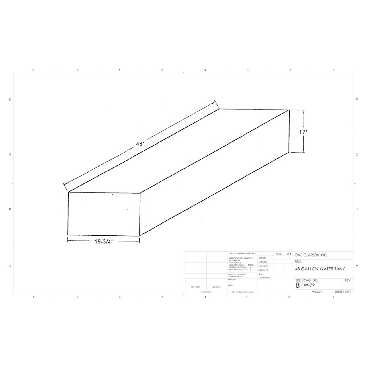 48 Gallon Marine Water Tank MW-79. Technical drawing of a polyethylene water tank designed for marine vessels.