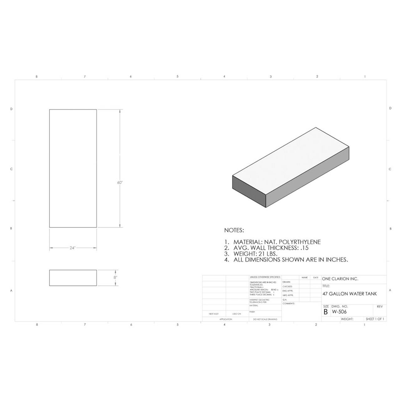 49 Gallon Marine Water Tank MW-506. Technical drawing of a polyethylene water tank designed for marine vessels.